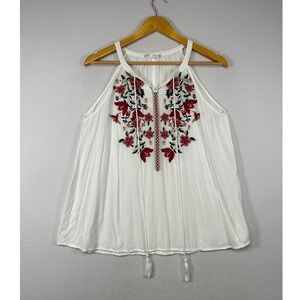 Boho Cottagecore Altar'd State Women Med White Red Floral Embroidered Tank Top